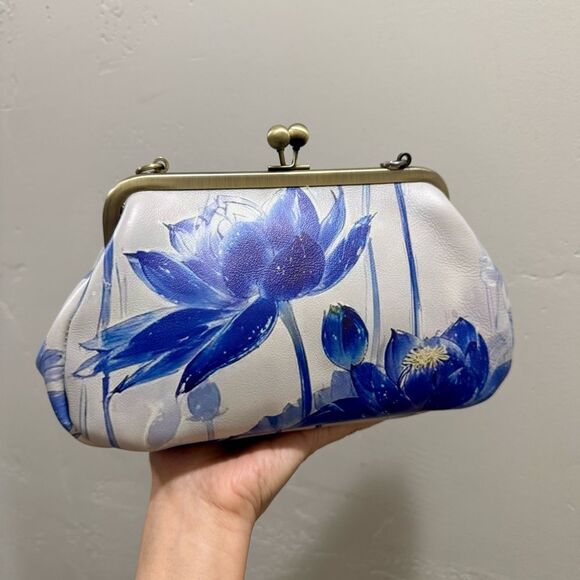 Vintage Style Handmade Cowhide Leather Lotus Print Kisslock Purse, Multi Use Bag - Picture 6 of 13